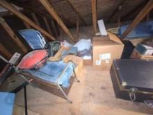 (ATTIC) LARGE LOT OF MISCELLANEOUS HOUSEHOLD ITEMS, TRUNK, GLASSWARE, WOK, BAGS, FOLDING CHAIRS,