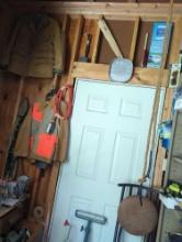 (GAR) WALL LOT OF MISCELLANEOUS ITEMS TO INCLUDE, 2 COATS, WORK LIGHT, FOLDING CHAIR, ROLLER, ETC