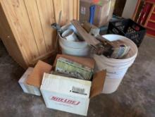 (GAR) LOT OF MISC. TO INCLUDE A PASLODE PNEUMATIC NAIL GUN, BOX FULL OF WORK GLOVES, (2) HATCHETS,