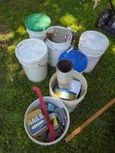 (SHED) LOT OF SEVEN BUCKETS FILLED WITH MISCELLANEOUS ITEMS TO INCLUDE TOOLS, NAILS, METAL, CLAMPS,