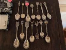 (DR) LOT OF (14) SOUVENIR SPOONS. SOME MARKED STERLING, SOME MARKED NICKEL SILVER, & SOME UNMARKED.