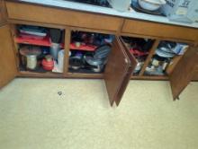 (KIT) 2 CABINET LOT OF MISCELLANEOUS KITCHEN ITEMS TO INCLUDE, STRAINER, POTS, PANS, KITCHEN