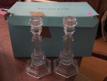 (DR) PAIR OF TIFFANY AND CO. CRYSTAL CANDLE STICK HOLDERS WITH BOX. THEY MEASURE 8-1/8"T. BOTH