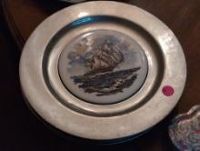 (DR) SET OF (4) YORK INTERNATIONAL MARINE DEPARTMENT CHARGERS WITH CERAMIC SAILING SHIP CENTER AND