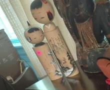 (UPBR2)PAIR OF KOKESHI DOLLS WITH CALLIGRAPHY AND ORIENTAL ART, 11 1/2"H, AND 9 1/4"H