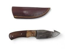 Gut Hook Blade. Handmade Damascus steel knives with custom wood, bone, horn or resin handles. The