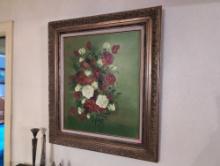 (DR) VINTAGE OIL ON CANVAS PAINTING OF A STILL LIFE SCENE. DEPICTS RED AND WHITE ROSES WITH A GREEN
