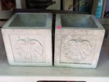 (GAR) PAIR OF SQUARE CONCRETE PLANTERS WITH SHELL MOTIFF. SLIGHT CHIPS.