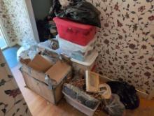 (HALL) LOT OF MISC. TO INCLUDE: TUB LOTS OF LINENS, WOMANS CLOTHING, MISC. BAGS, OUTDOOR CHRISTMAS