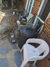 (BY) LARGE LOT OF MISCELLANEOUS ITEMS TO INCLUDE THREE PLASTIC CHAIRS, TRASH CAN, TEA CART, CONCRETE