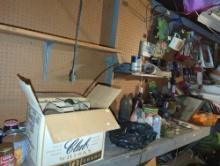 (GAR) LARGE LOT OF MISCELLANEOUS ITEMS TO INCLUDE, CANNING JARS, PAINT BRUSHES, COPPER WIRE, BENCH
