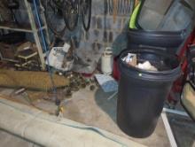 (GAR) LARGE LOT OF MISCELLANEOUS ITEMS TO INCLUDE, 2 TRASH CANS FILLED WITH PIPE AND PADS, RUG, NAIL