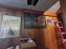 (BAS) LOT OF 3 HANGING ITEMS, FRAMED CARPET DEPICTING HORSES, 43"X27", HEART AMERICA WOOD SIGN 23