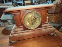 (GAR) SHABBY CHIC ADAMANTINE CLOCK 1800's ERA WITH METAL CLAW STYLE FEET AND 2 LION HEADS ON THE