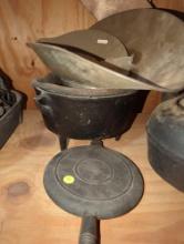 (GAR) LOT OF ASSORTED ITEMS TO INCLUDE, EARLY STYLE CAST IRON WAFFLE IRON, 3 LEGGED MINI CAST IRON