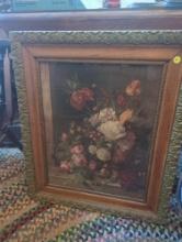 (DR) 19th Century Blooming Flowers Pring in Wooden Frame, Approximate Dimensions - 23" L x 27" W,