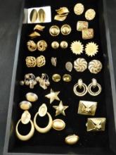 Tray Lot of Costume Jewelry - 20 Pairs of Gold Tone Earrings - Some Signed