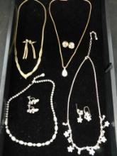 Tray Lot of Costume Jewelry - 4 Clear Stone Necklace and Earring Sets