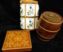 Japanese Ceramic and Wood Wall Spice Rack - Coronas Barrel Box - Inlaid Music Box