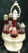 Vintage Condiment Caddy with Ruby Cut To Clear Bottles - 15" x 8"