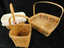Longaberger Baskets - 3 Handled - 2 with Liners - 10" x 6" x 6" - 11" x 11" x 8" and
