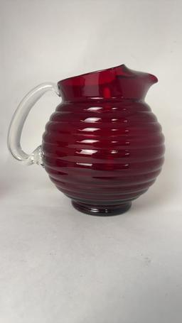 RED ART GLASS BEEHIVE PITCHER SET