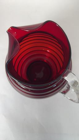 RED ART GLASS BEEHIVE PITCHER SET