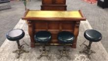 LION CARVING BAR WITH 1920s CAST IRON STOOLS