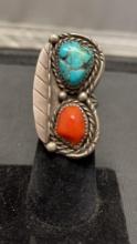 NATIVE AMERICAN TURQUOISE & RED CORAL RING. 17G