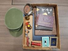 BOX OF MISCELLANEOUS: TOY CARS, ARMY HAT +