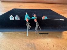 STERLING SILVER & TURQUOISE EARRINGS & PIN 18G