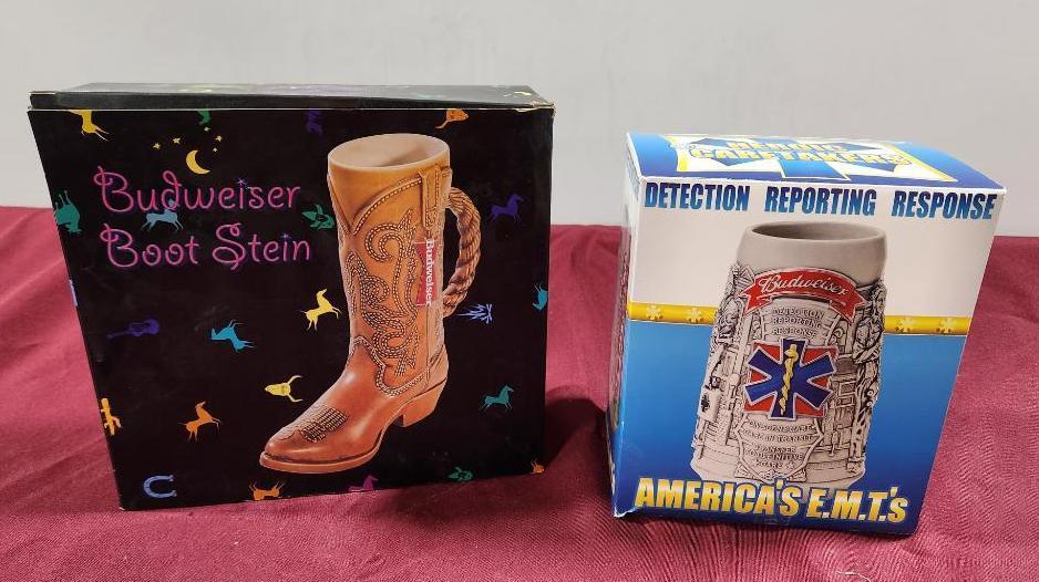 Lot of 2 Budweiser Boot Stein & America's EMT Stein