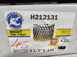 15 Sealed Cases, Hammerstrike Fasteners, 63,000ct, 700/Tray, 2-1/2in x .131, Smooth Shank, Diamond