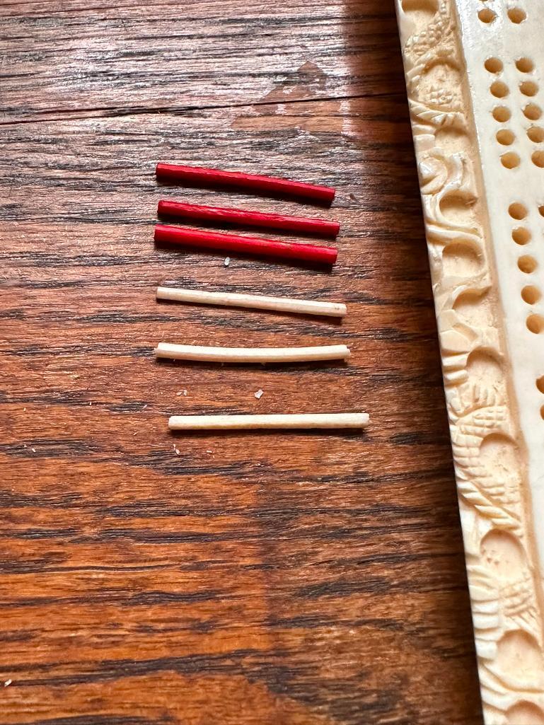 Vintage Pre-Ban Ivory Carved Cribbage Board w/ Original Stakes, 8in Long VG Cond.