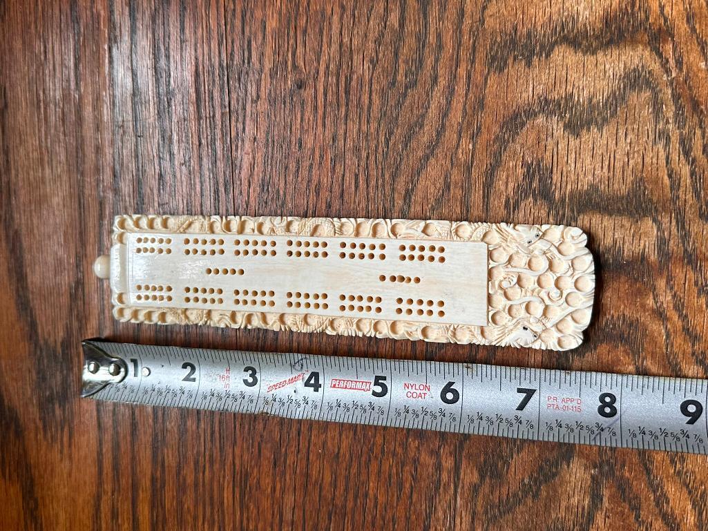 Vintage Pre-Ban Ivory Carved Cribbage Board w/ Original Stakes, 8in Long VG Cond.
