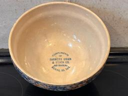 Antique Crockware Advertising Bowl, Spongeware, Farmers Grain & Stock Co. Menno, So. Dak.