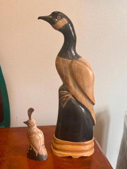 Two Vintage Hand Carved Horn Birds, Larger One on Wood Base
