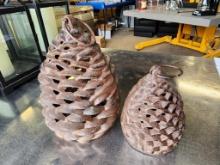 Pair of Cast Iron Hinged Pinecone Style Lanterns w/ Hanging Hoops