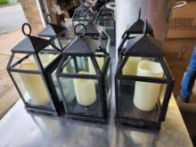Six Hanging Glass & Metal Lanterns w/ Battery Operated Candles