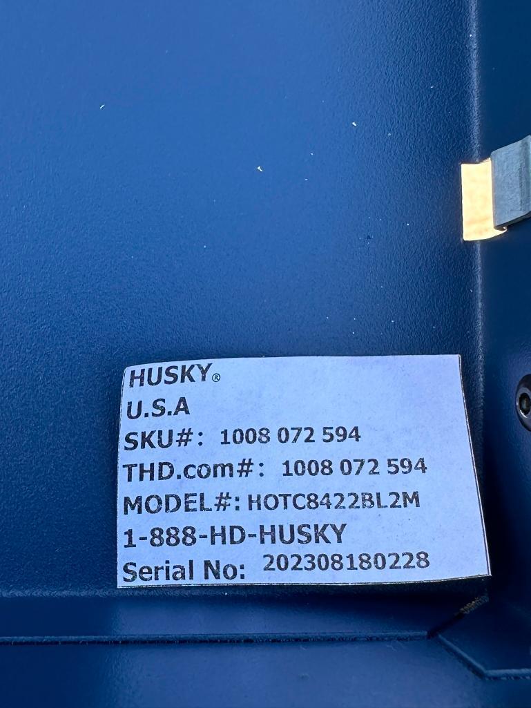 New Husky 84in 22-Drawer Mobile Work Bench, Blue, 670lb, Solid Wood Top w/ Keys, MSRP: $1,588.00