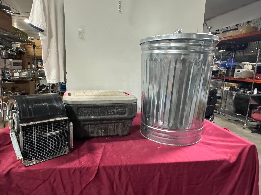 Trash Can, Screen Blower & Rubbermaid Action Packer Storage Box