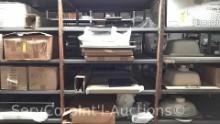 Lot on Shelves of Various Demo Sinks, Small 4-Wheel Carts, Stainless Range Replacement Panels, Range