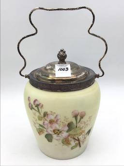 Floral Painted Biscuit Jar w Handle & Lid