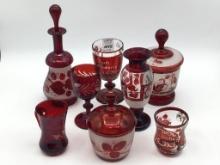 Lot of 8 Various Red Glassware Pieces