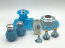 Lot of 10 Various Blue Glassware & Floral Painted