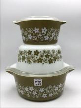 Set of 3 Green & White Pyrex Bowls-2