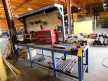 LOT: (2) Steel Top Fabrication Tables w/(2) Pipe Vises, (1) Vise, Assorted Hand Tools
