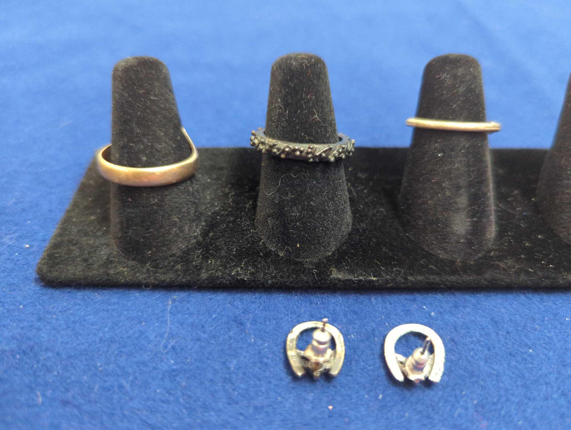 RINGS SIZE 9,SIZE 6, SIZE 5 LEFT TO RIGHT 1 MISSING STONE, PIERCED EARRINGS STERLING