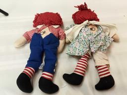 RAGGEDY ANN AND ANDY 15" BOTH ARE MUSIC BOXES SOME STAINS ON DOLLS