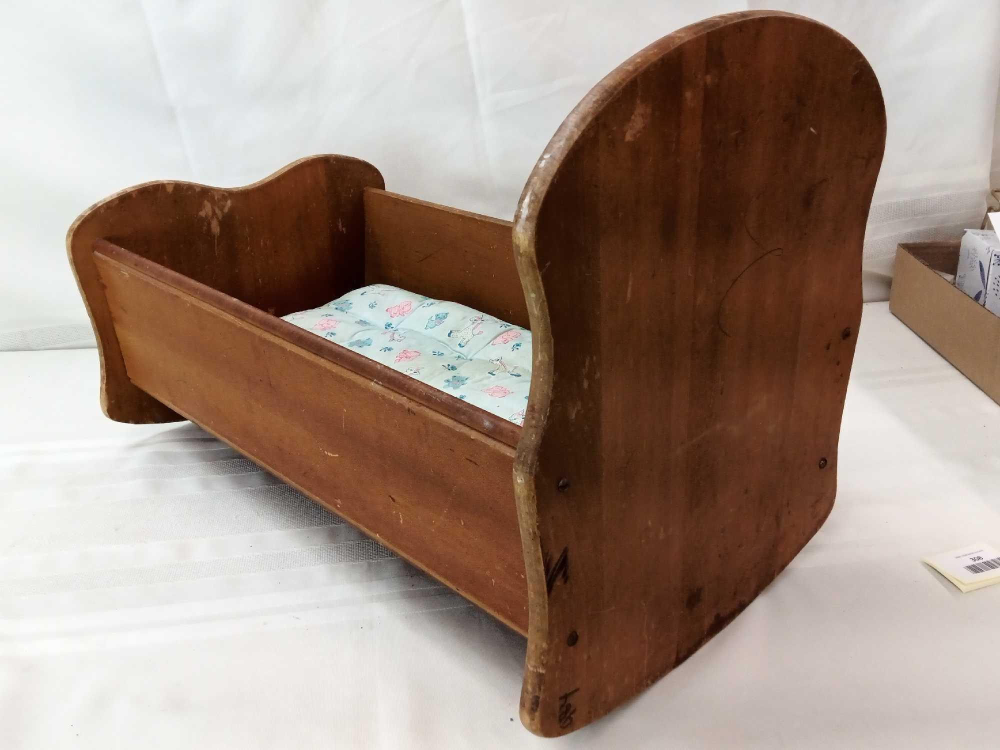 VINTAGE WOODEN DOLL ROCKING CRADLE SOME CRAYON SCRIBBLES. 20"X12"X14" PICK UP ONLY